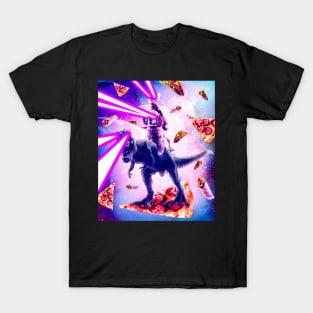 Laser Eyes Space Cat Riding Dog And Dinosaur T-Shirt